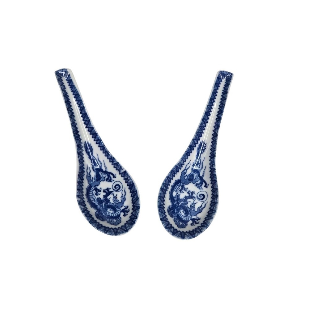Set of 2 Vintage Blue White Asian Chinese Porcelain Soup Spoons Dragon Theme
